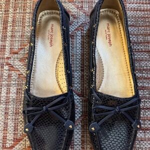 Marc Joseph Navy Reptile Leather Textured Loafers for Women NBW Size 11